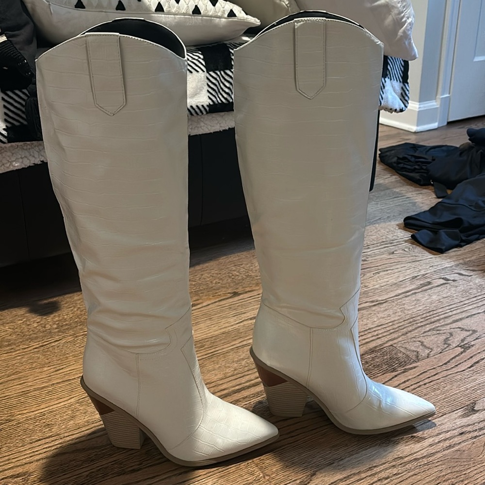 White knee high boots